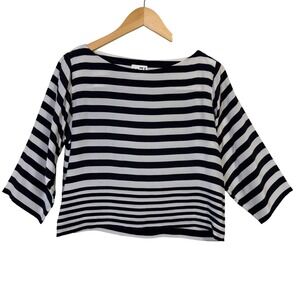 REISS 1971 Womens Silk Top 6 Black White Striped Boat Neck‎ 3/4 Sleeve Cropped